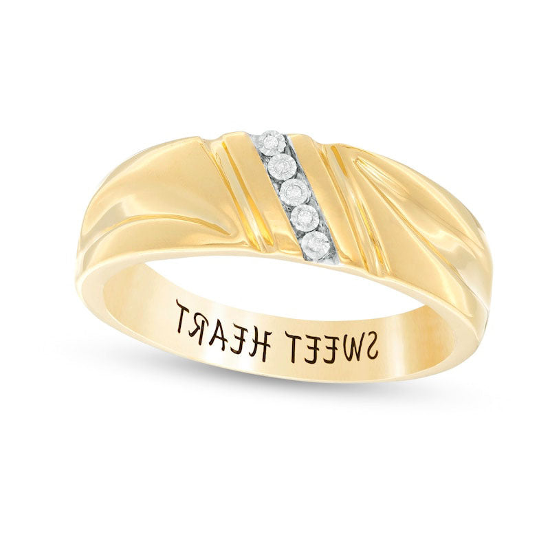 Image of ID 1 Men's Natural Diamond Accent Engravable Five Stone Slant and Double Groove Band in Sterling Silver with Solid 14K Gold Plate (1 Line)