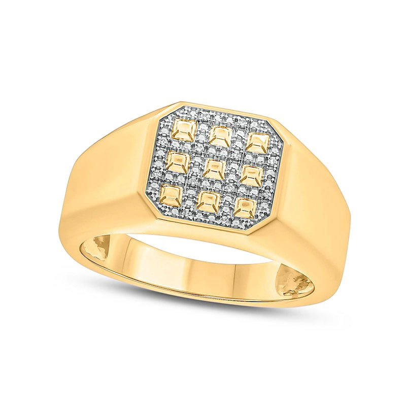 Image of ID 1 Men's Natural Diamond Accent Grid Pattern Octagonal Signet Ring in Sterling Silver with Solid 14K Gold Plate