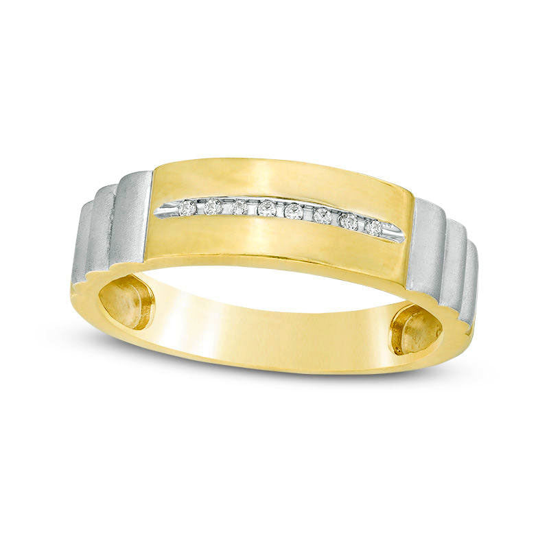 Image of ID 1 Men's Natural Diamond Accent Groove Ribbed Shank Band in Sterling Silver and Solid 14K Gold Plate