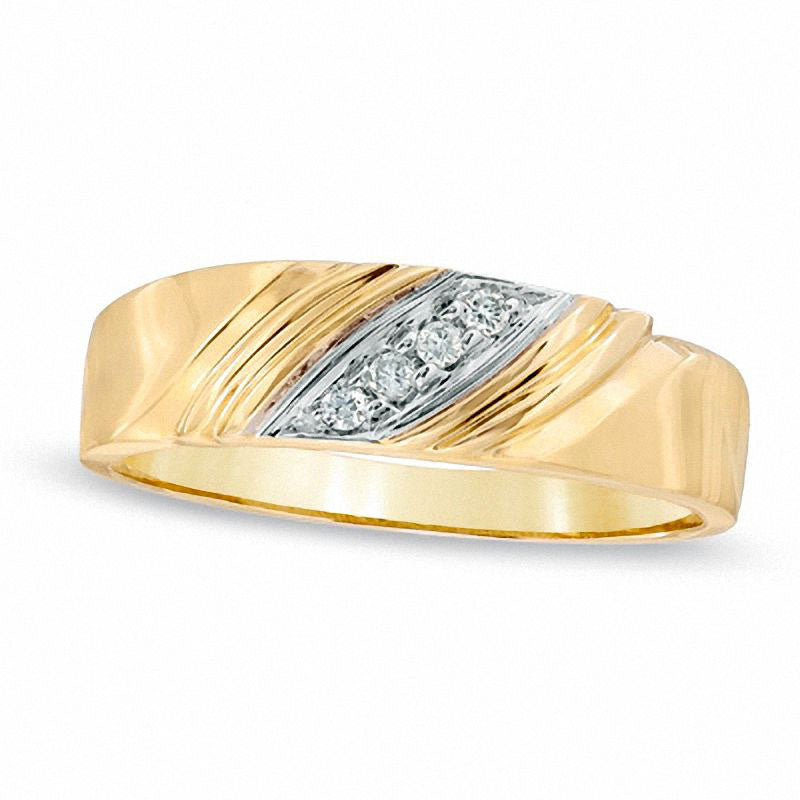 Image of ID 1 Men's Natural Diamond Accent Grooved Wedding Band in Solid 10K Yellow Gold