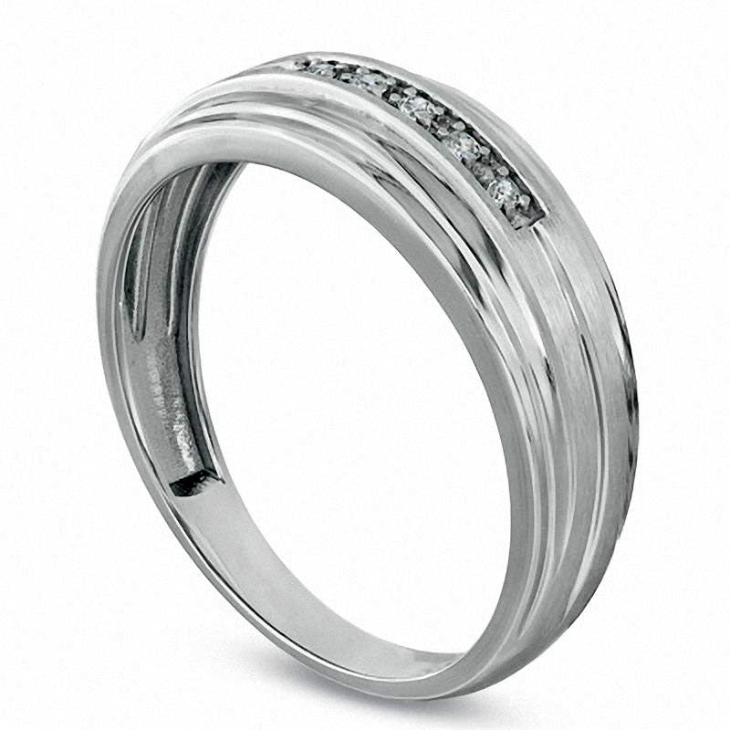 Image of ID 1 Men's Natural Diamond Accent Multi-Row Groove Wedding Band in Solid 10K White Gold