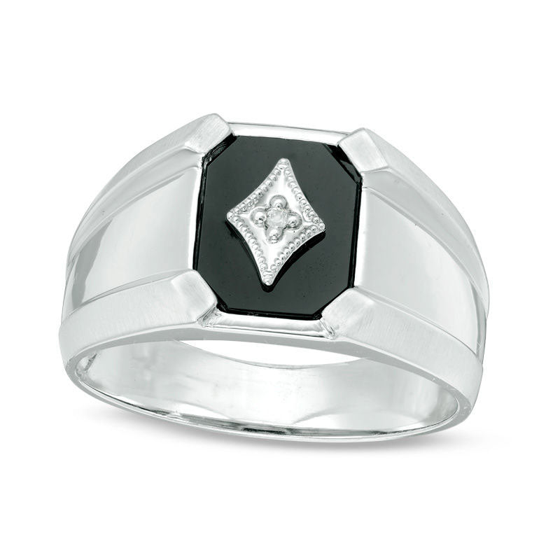 Image of ID 1 Men's Octagon Onyx and Natural Diamond Accent Antique Vintage-Style Signet Ring in Solid 10K White Gold