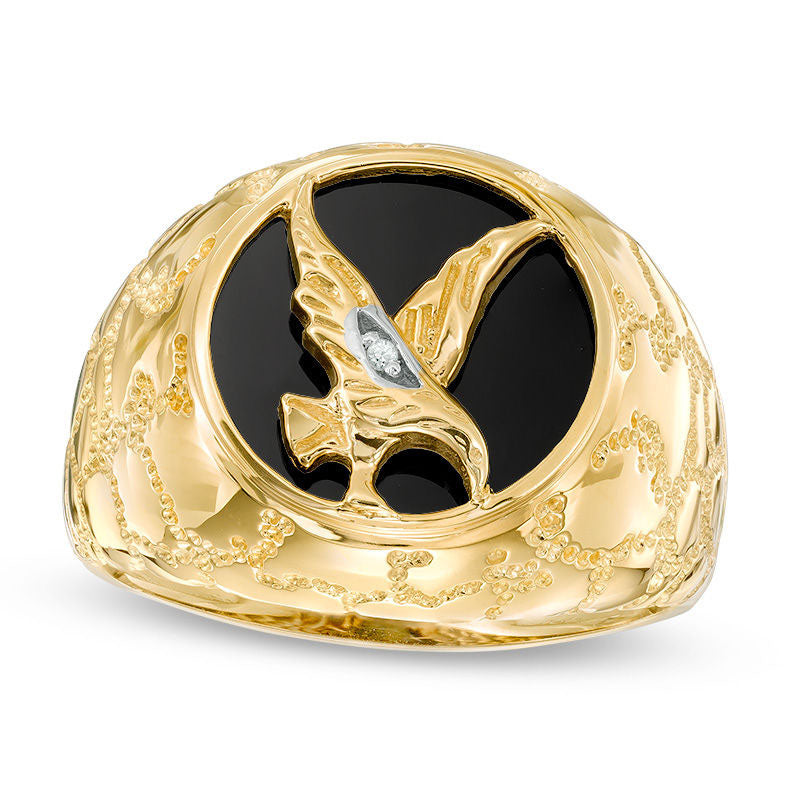 Image of ID 1 Men's Onyx Eagle and Natural Diamond Accent Signet Ring in Solid 10K Yellow Gold
