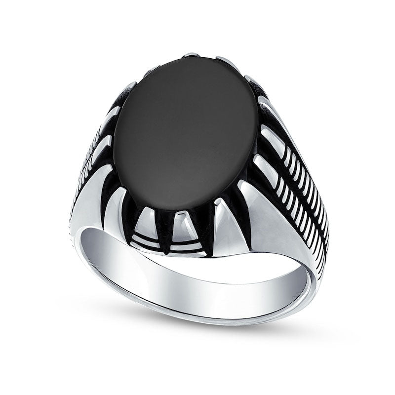 Image of ID 1 Men's Oval Black Onyx Cabochon Claw Frame Double Row Ring in Sterling Silver