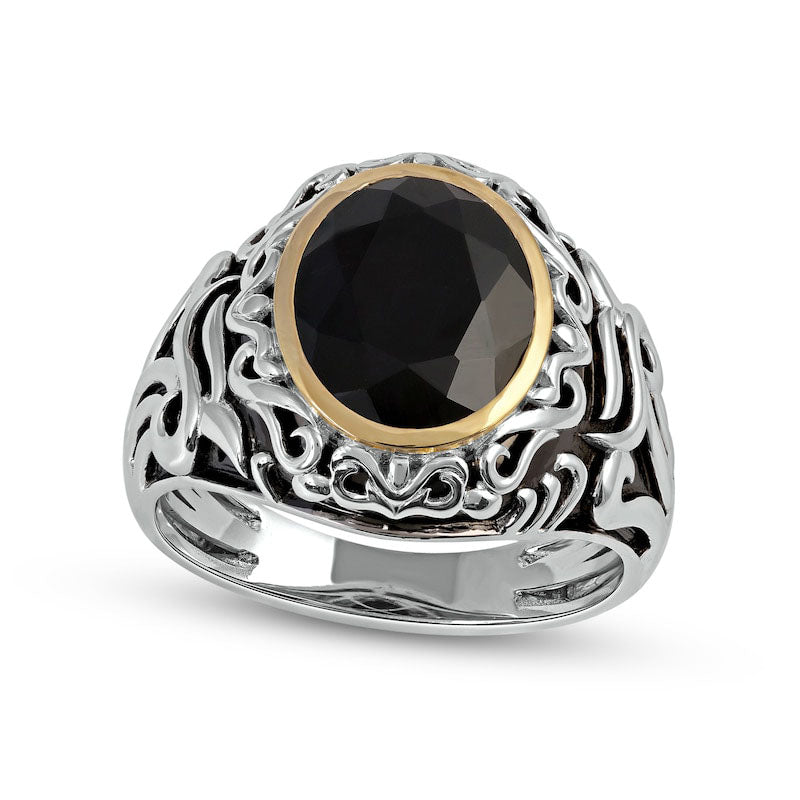 Image of ID 1 Men's Oval Black Onyx and Filigree Dome Shank Ring in Sterling Silver and Solid 10K Yellow Gold