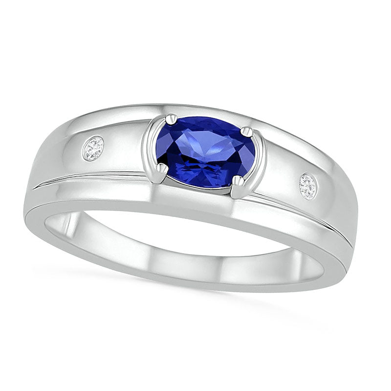 Image of ID 1 Men's Oval Blue Lab-Created Sapphire and 005 CT TW Diamond Duo Stepped Edge Ring in Sterling Silver
