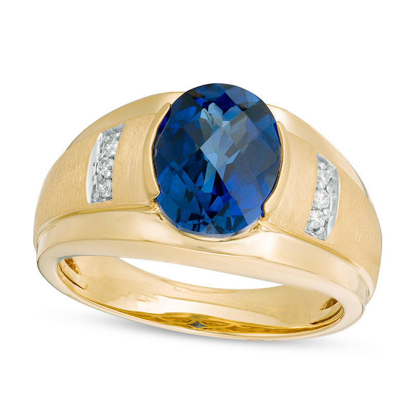 Image of ID 1 Men's Oval Lab-Created Blue Sapphire and 005 CT TW Diamond Collar Ring in Solid 10K Yellow Gold