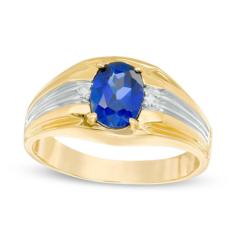 Image of ID 1 Men's Oval Lab-Created Blue Sapphire and Diamond Accent Ring in Solid 10K Two-Tone Gold