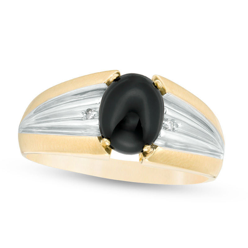 Image of ID 1 Men's Oval Lab-Created Onyx and Diamond Accent Ribbed Shank Multi-Finish Ring in Solid 10K Two-Tone Gold