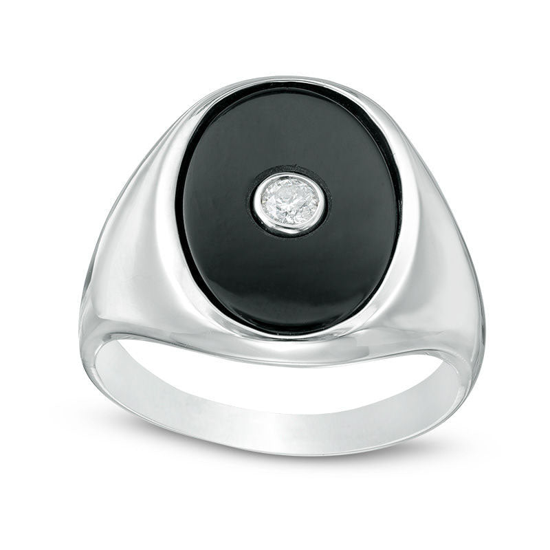 Image of ID 1 Mens Oval Onyx and 010 CT Natural Diamond Signet Ring in Sterling Silver