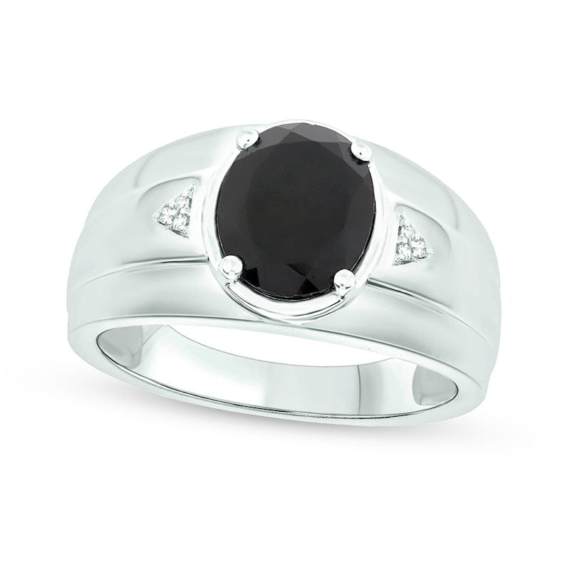 Image of ID 1 Men's Oval Onyx and Natural Diamond Accent Bevelled Edge Ring in Sterling Silver