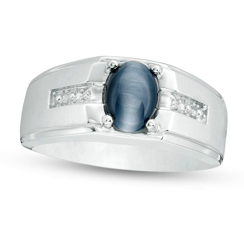 Image of ID 1 Men's Oval Simulated Cat's Eye and Natural Diamond Accent Multi-Finish Ring in Solid 10K White Gold