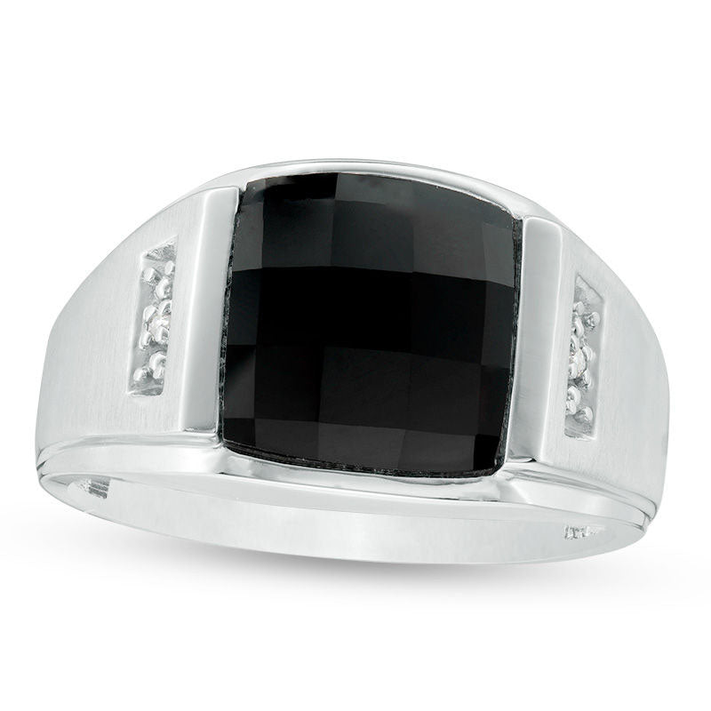 Image of ID 1 Men's Rectangle Faceted Onyx and Natural Diamond Accent Multi-Finish Ring in Solid 10K White Gold