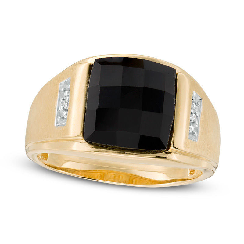 Image of ID 1 Men's Rectangle Faceted Onyx and Natural Diamond Accent Multi-Finish Ring in Solid 10K Yellow Gold