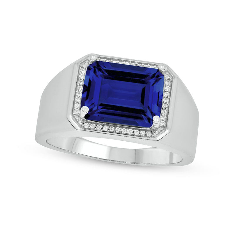 Image of ID 1 Men's Sideways Emerald-Cut Blue Lab-Created Sapphire and 010 CT TW Diamond Frame Ring in Sterling Silver