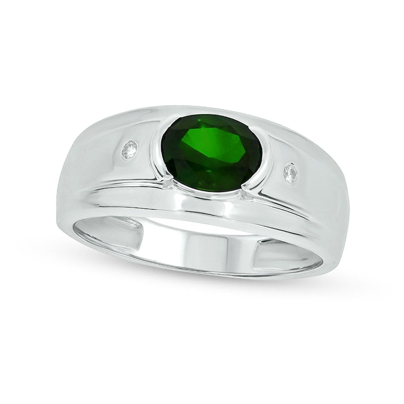 Image of ID 1 Men's Sideways Oval Lab-Created Emerald and Diamond Accent Bevelled Edge Ring in Sterling Silver