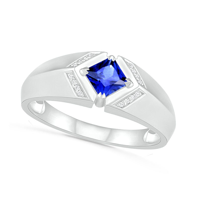 Image of ID 1 Men's Square-Cut Blue Lab-Created Sapphire and 005 CT TW Diamond Chevron Collar Knife Edge Ring in Sterling Silver