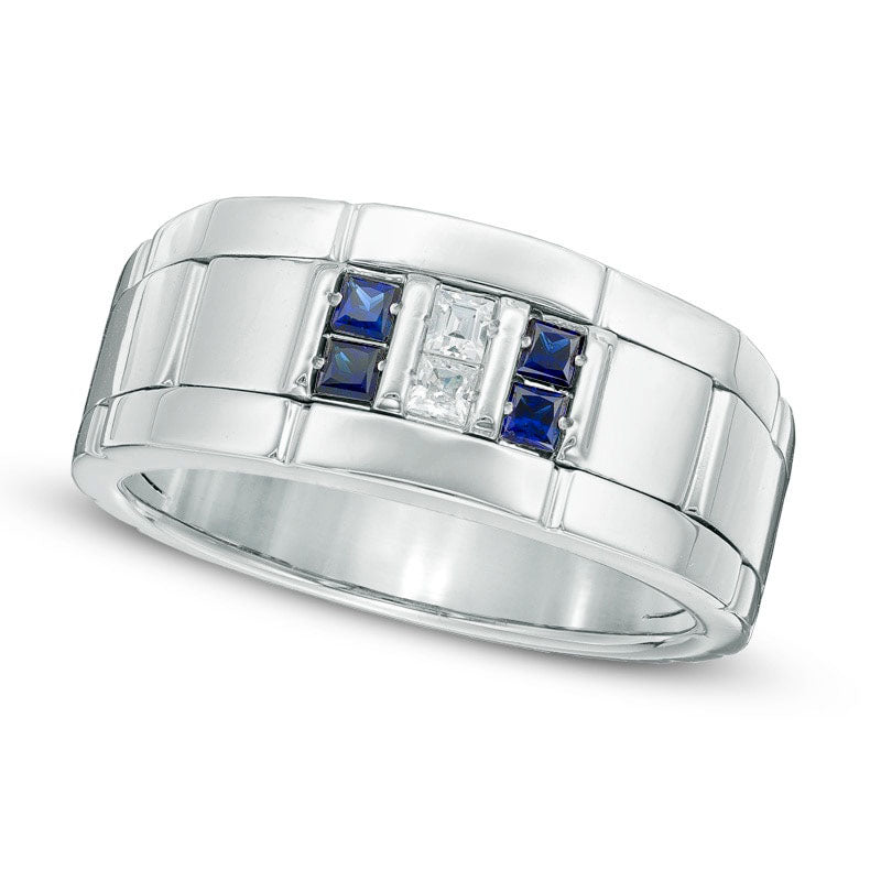 Image of ID 1 Men's Square-Cut Blue Sapphire and 010 CT TW Natural Diamond Comfort Fit Wedding Band in Sterling Silver
