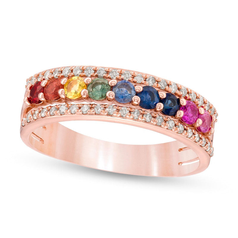 Image of ID 1 Multi-Color Sapphires and 020 CT TW Natural Diamond Edge Ring in Solid 14K Rose Gold