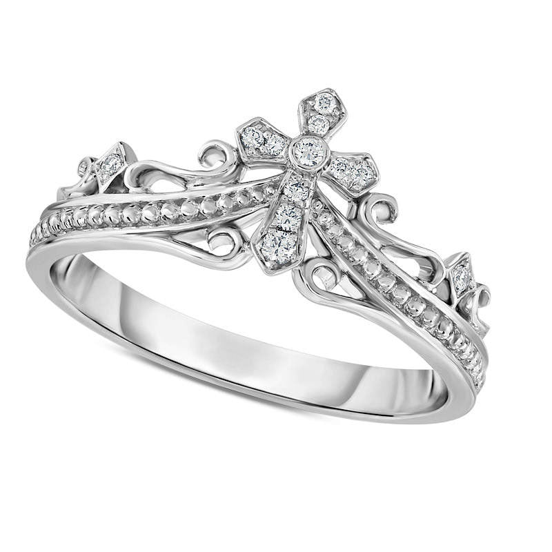 Image of ID 1 Natural Diamond Accent Beaded Scroll Cross Ring in Sterling Silver