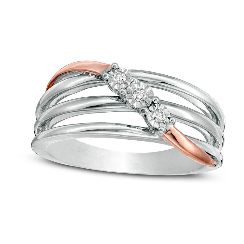 Image of ID 1 Natural Diamond Accent Three Stone Wave Crossover Open Multi-Row Ring in Sterling Silver and Solid 10K Rose Gold