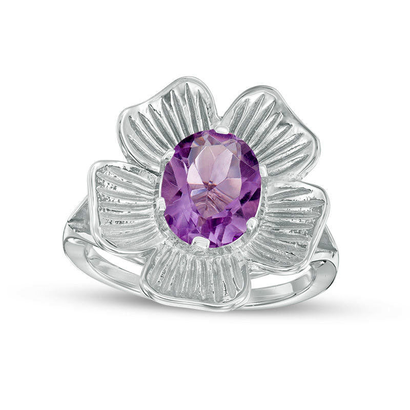 Image of ID 1 Oval Amethyst Solitaire Flower Ring in Sterling Silver