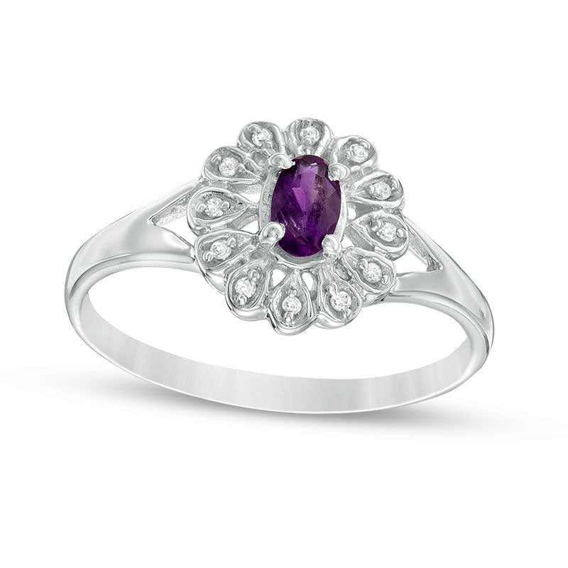 Image of ID 1 Oval Amethyst and 005 CT TW Natural Diamond Flower Frame Ring in Sterling Silver