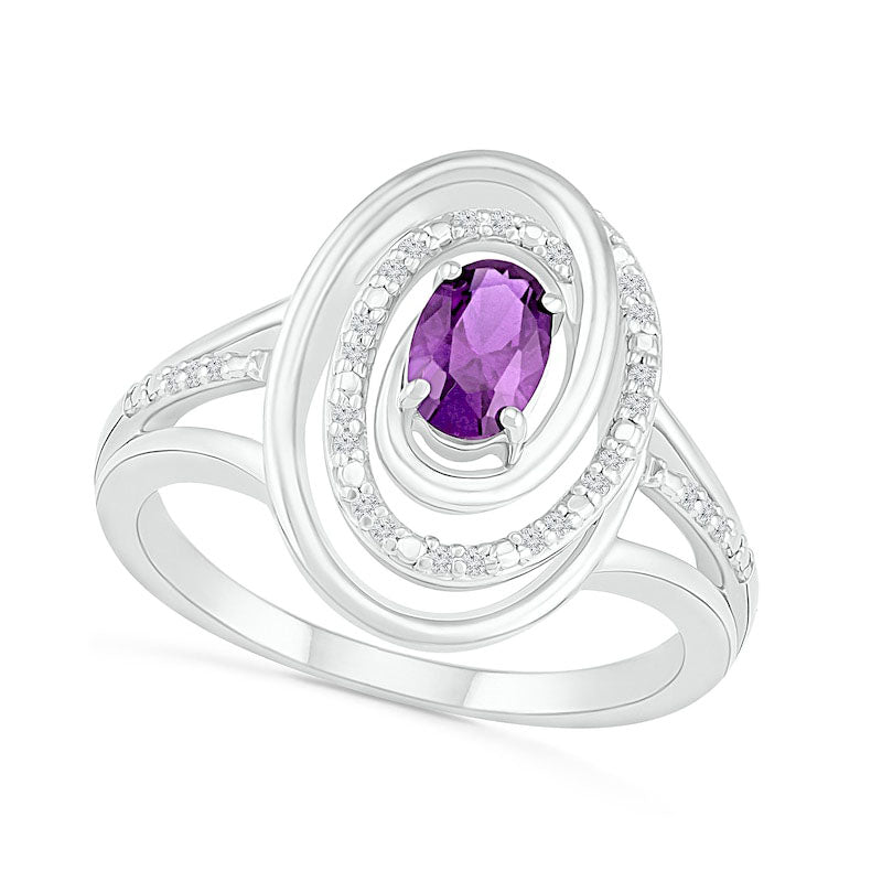 Image of ID 1 Oval Amethyst and 007 CT TW Natural Diamond Beaded Open Swirl Frame Triple Row Split Shank Ring in Sterling Silver