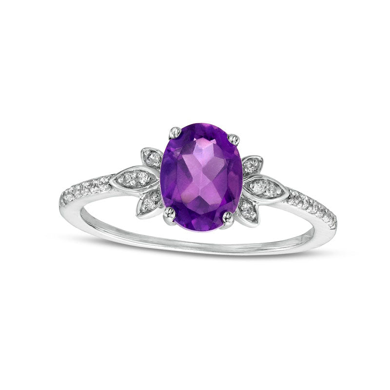 Image of ID 1 Oval Amethyst and 010 CT TW Natural Diamond Leaf-Sides Floral Ring in Solid 10K White Gold