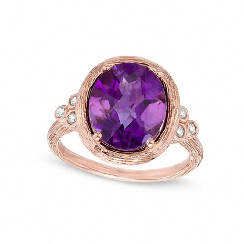 Image of ID 1 Oval Amethyst and 010 CT TW Natural Diamond Tri-Sides Textured Frame Ring in Solid 10K Rose Gold
