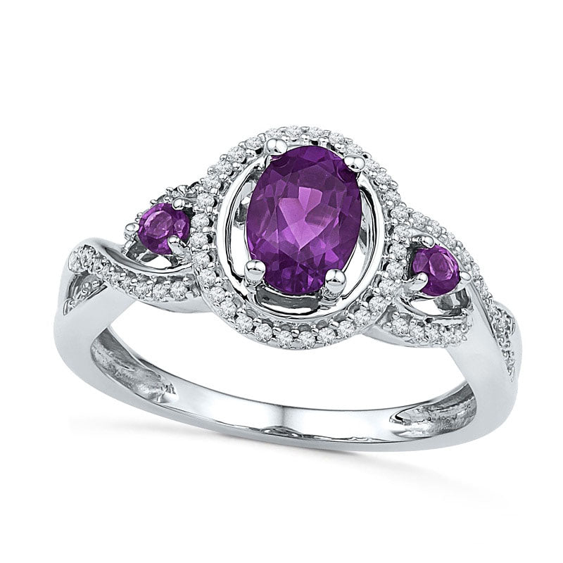 Image of ID 1 Oval Amethyst and 020 CT TW Natural Diamond Three Stone Ring in Sterling Silver