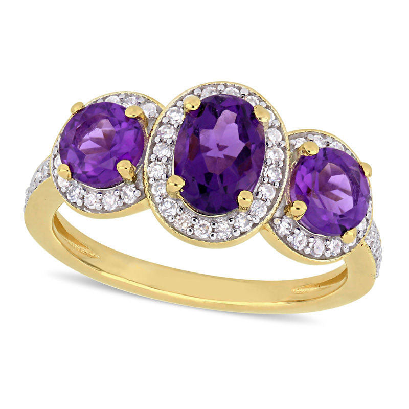 Image of ID 1 Oval Amethyst and 025 CT TW Natural Diamond Three Stone Frame Antique Vintage-Style Ring in Sterling Silver with Yellow Rhodium