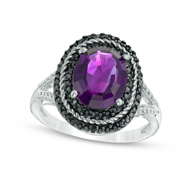 Image of ID 1 Oval Amethyst and Enhanced Black Natural Diamond Accent Rope-Textured Triple Frame Ring in Sterling Silver