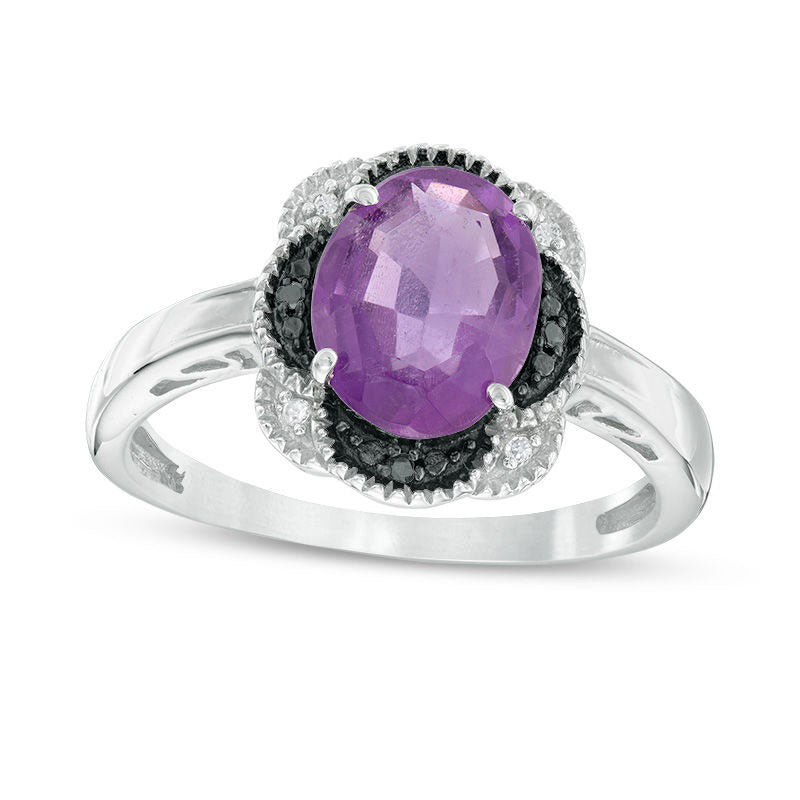 Image of ID 1 Oval Amethyst and Enhanced Black and White Natural Diamond Accent Flower Frame Antique Vintage-Style Ring in Sterling Silver