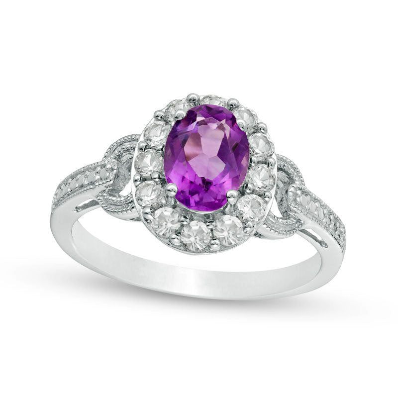 Image of ID 1 Oval Amethyst and Lab-Created White Sapphire Frame Antique Vintage-Style Buckle Ring in Sterling Silver