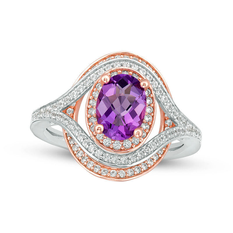 Image of ID 1 Oval Amethyst and Lab-Created White Sapphire Frame Ring in Sterling Silver with Solid 14K Rose Gold Plate