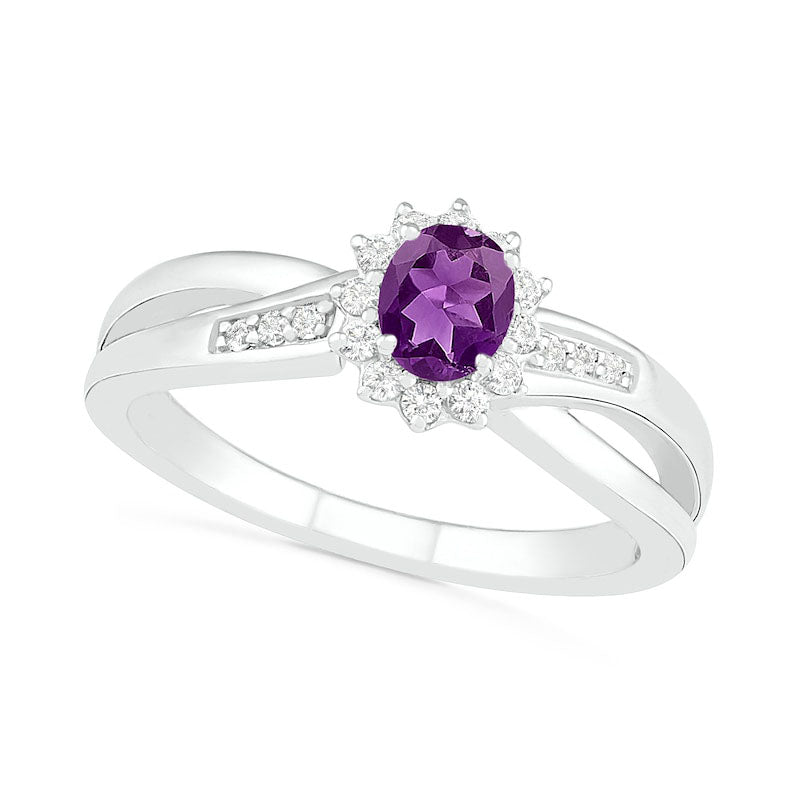 Image of ID 1 Oval Amethyst and Lab-Created White Sapphire Starburst Frame Crossover Split Shank Ring in Sterling Silver
