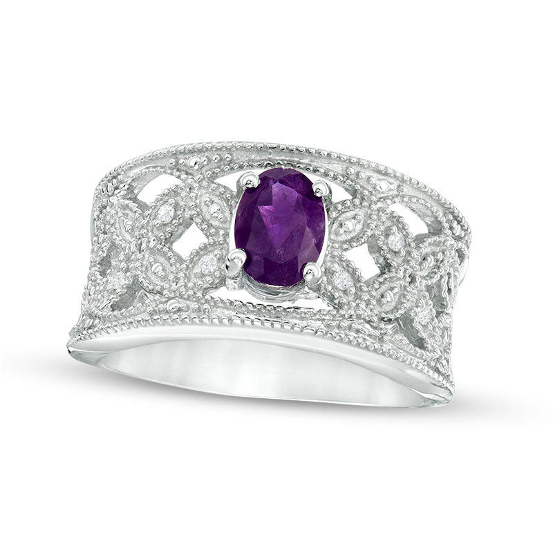 Image of ID 1 Oval Amethyst and Natural Diamond Accent Antique Vintage-Style Ring in Sterling Silver