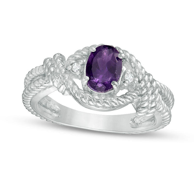Image of ID 1 Oval Amethyst and Natural Diamond Accent Bypass Roped Shank Ring in Sterling Silver