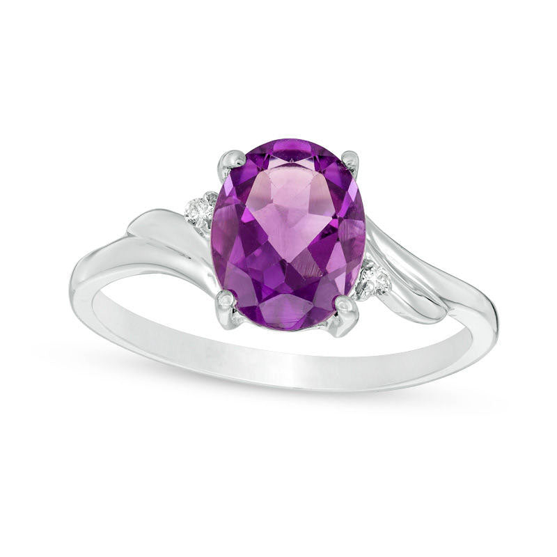 Image of ID 1 Oval Amethyst and Natural Diamond Accent Bypass Swirl Shank Ring in Solid 10K White Gold