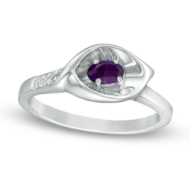 Image of ID 1 Oval Amethyst and Natural Diamond Accent Calla Lily Ring in Sterling Silver
