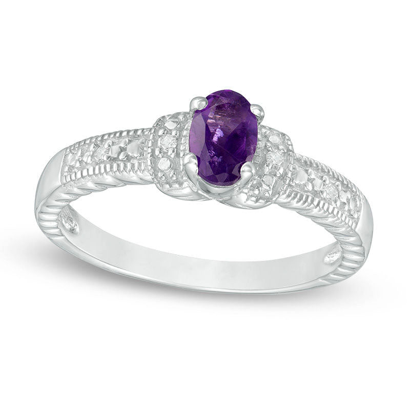 Image of ID 1 Oval Amethyst and Natural Diamond Accent Collar Antique Vintage-Style Ring in Sterling Silver