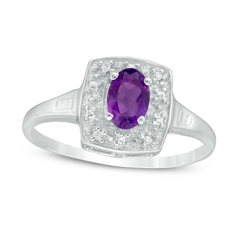 Image of ID 1 Oval Amethyst and Natural Diamond Accent Cushion Frame Ring in Sterling Silver