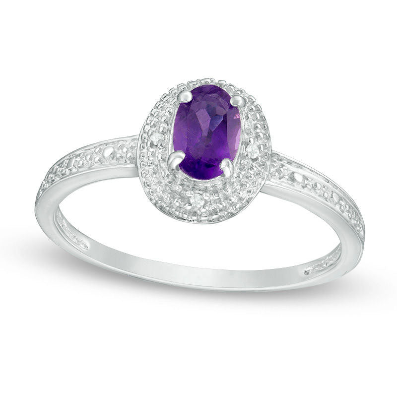 Image of ID 1 Oval Amethyst and Natural Diamond Accent Frame Antique Vintage-Style Ring in Sterling Silver
