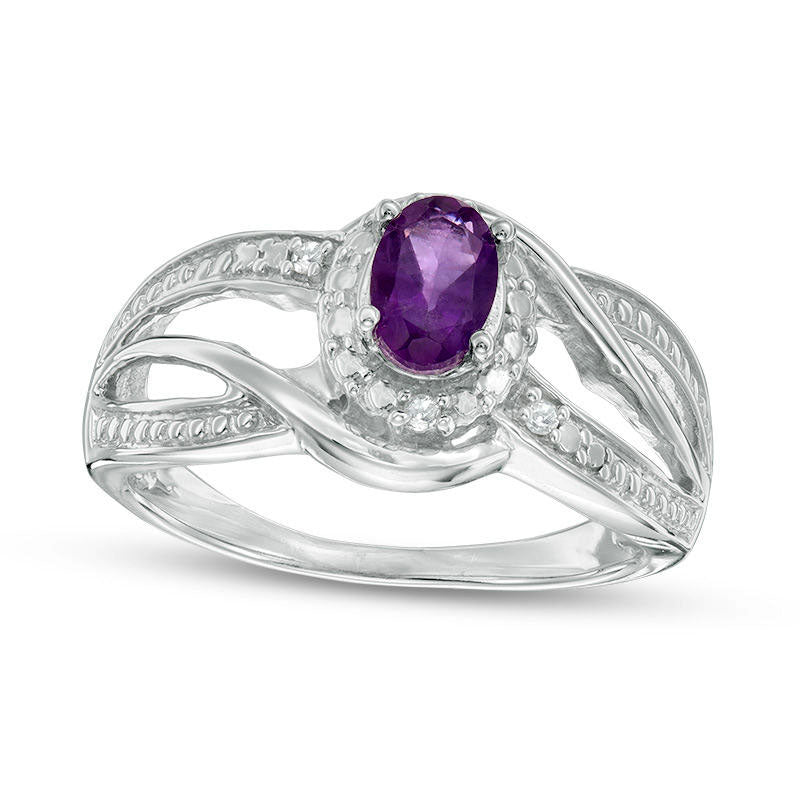 Image of ID 1 Oval Amethyst and Natural Diamond Accent Frame Bypass Ring in Sterling Silver