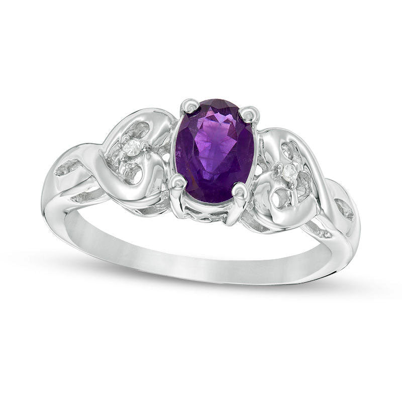 Image of ID 1 Oval Amethyst and Natural Diamond Accent Heart-Sides Ring in Sterling Silver