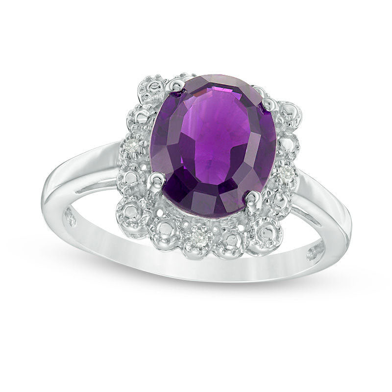 Image of ID 1 Oval Amethyst and Natural Diamond Accent Scallop Frame Antique Vintage-Style Ring in Sterling Silver