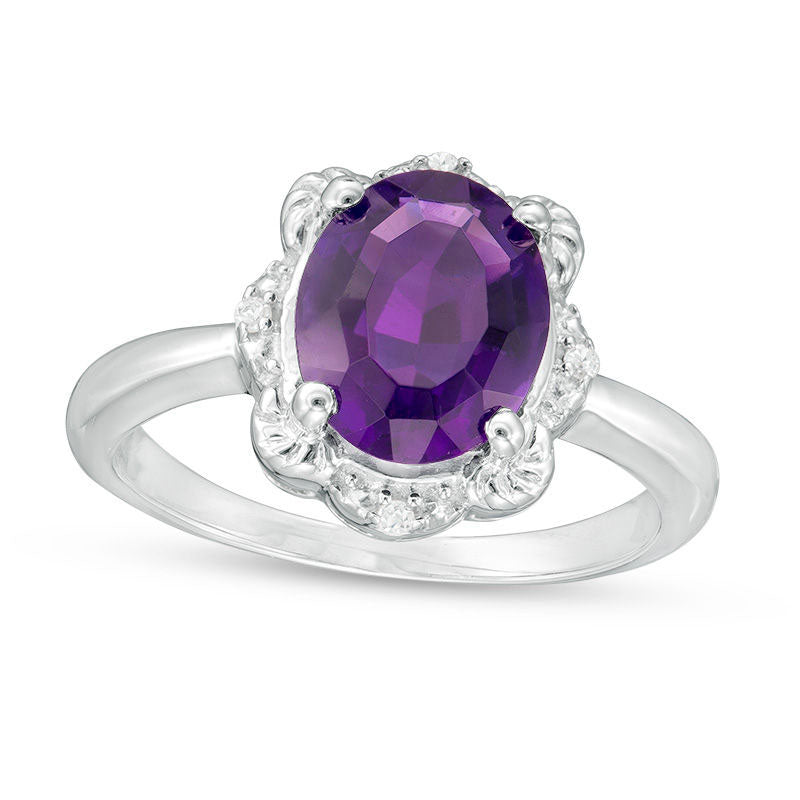 Image of ID 1 Oval Amethyst and Natural Diamond Accent Scallop Frame Ring in Sterling Silver