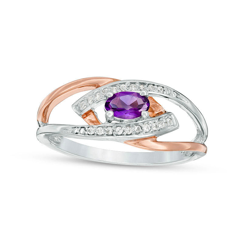Image of ID 1 Oval Amethyst and Natural Diamond Accent Spilt Shank Ring in Sterling Silver and Solid 10K Rose Gold