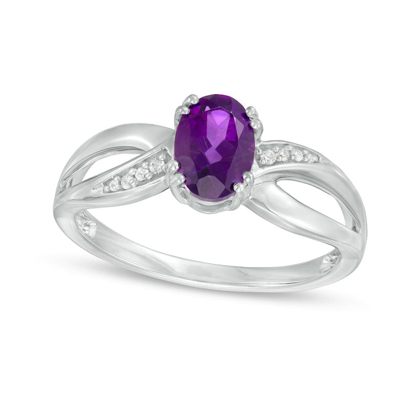 Image of ID 1 Oval Amethyst and Natural Diamond Accent Split Shank Ring in Solid 10K White Gold